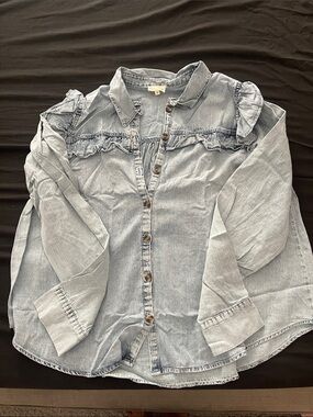 Light Wash Denim Button-Down Shirt with Ruffle Yoke